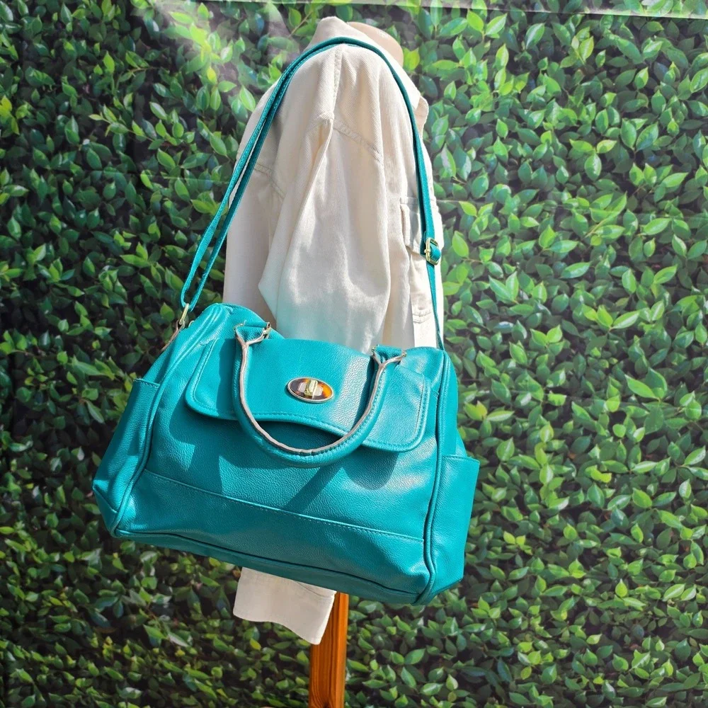 Teal Faux Leather Satchel Shoulder Bag Double Handle Crossbody Purse Gold Tone